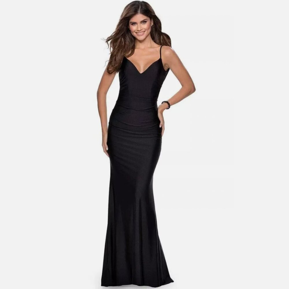 New! La Femme Open Back Jersey Trumpet Gown